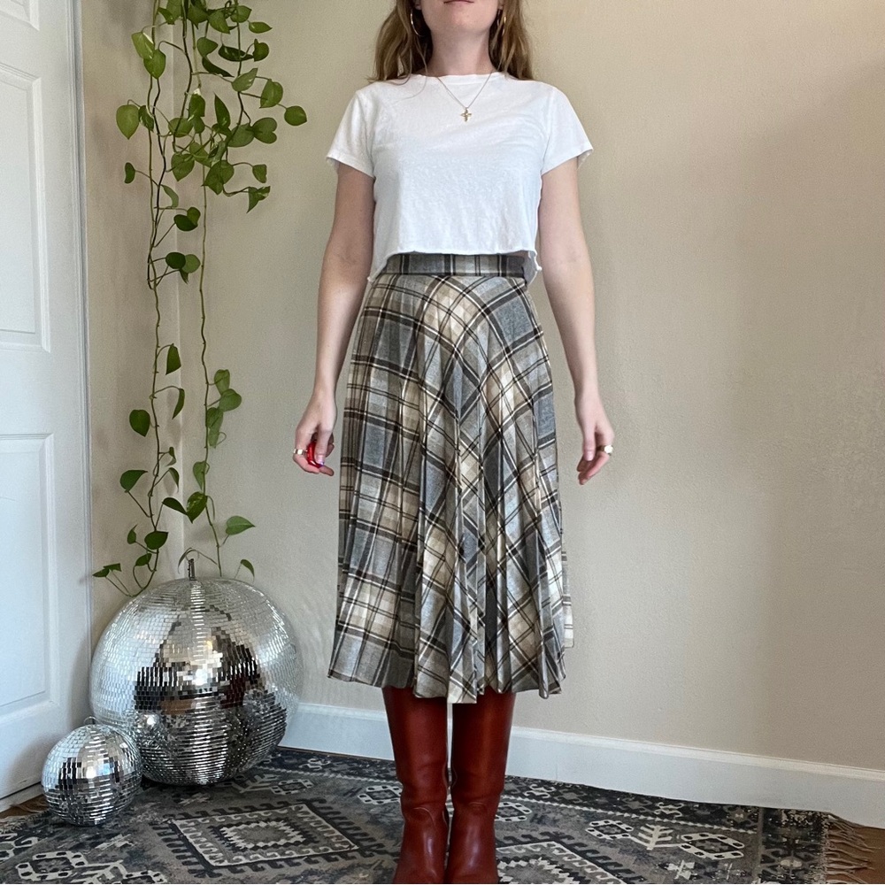 Vintage Plaid Midi Skirt - Brown and Cream